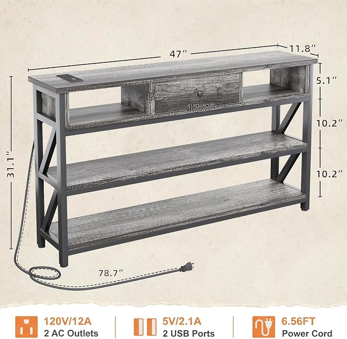 Mexin Console Table with Outlets and USB Ports, Entryway Table with Drawer Storage Shelves, Industrial Wood Hallway Sofa Table for Living Room, Couch, Foyer Table, 47 Inch Grey Oak