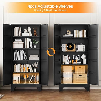 71" Tall Kitchen Cabinet Storage Unit With 2 Doors and 4 Adjustable Shelves, Metal Black Freestanding Cupboard, 5 Tier Kitchen Pantry Storage Cabinet for Kitchen Dining/Living Room/Garage/Home/Office