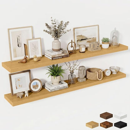 Fun Memories 72 Inch Fireplace Mantel Shelf, 10 Inch Deep Shelves for Display & Wall Storage, Rustic Wood Wall Shelf, Extra Long Floating Shelves for Living Room Laundry Room, Oak, Set of 2