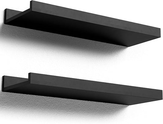 Boswillon Floating Shelves Wall Mounted Set of 2, Modern Black Wall Shelves for Storage with Lip, Display Picture Ledge Shelf for Wall Decor Bedroom Living Room Bathroom Kitchen