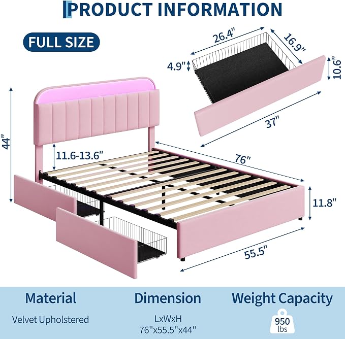 GarveeHome Full Bed Frame with Storage Headboard, Kids Bed Frame with 2 Drawers, Velvet Upholstered Platform Bed Frame with Lights, No Box Spring Needed, Easy Assembly, Velvet Pink