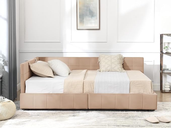 KEIKI Full Size L Shape Corner Bed Frames with 2 Storage Drawer, Backrest and Armrests, Velvet Upholstered Sofa Daybed Full Corner Bed for Small Room, Living Room, Bedroom, Guest Room, Kids' Room