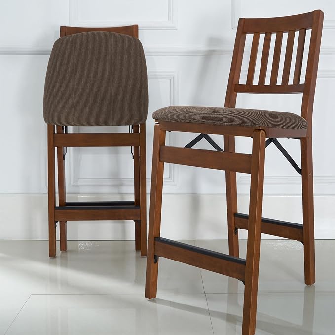 MECO Stakmore Premium Solid Wood Dining Table Folding Counter Stools Set with Fabric Padded Upholstered Seat, Espresso (2 Pack)