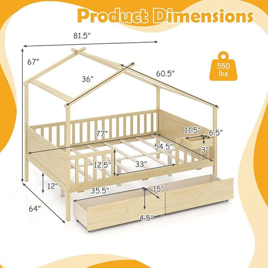 Giantex Full House Bed with Drawers, Wooden Full Size Bed Frame with Cube Storage & Fence Rails, Montessori Beds for Kids Boys Girls, Bedroom, Living Room, No Box Spring Needed, Natural