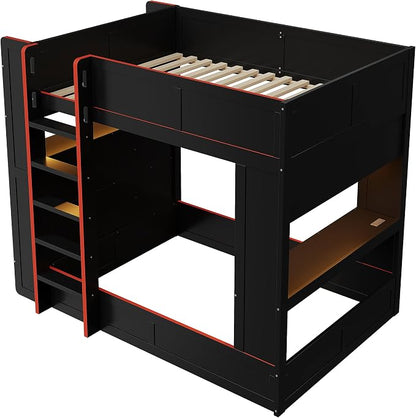 RUNNA Full Gaming Bunk Bed with Desk, LED & Charging Station | Full gaming bunk bed with desk, LED lights, charging station, storage shelves, 600 lbs capacity, no box spring needed