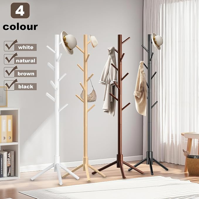 Aliphon Wooden Coat Rack Stand, Freestanding Coat Rack with 8 Hooks, 3 Adjustable Size Coat Tree for Hats, Coats, Scarves bags, Coat Hanger Stand Used in Bedroom/Office/Entryway （White）