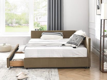 KEIKI Full Size L Shape Corner Bed Frames with 2 Storage Drawer, Backrest and Armrests, Velvet Upholstered Sofa Daybed for Small Room, Living Room, Bedroom, Guest Room, Kids' Room
