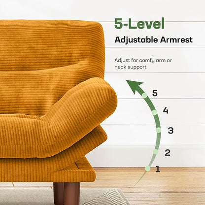 Marsail 66" Futon Sofa Bed, Convertible Corduroy Futon Couch with Adjustable Backrest & Armrests, Small Sleeper Sofa Loveseat for Living Room, Apartment, Office, Yellow