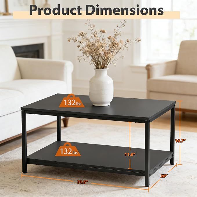 SUPER DEAL 2-Tier Industrial Coffee Table with Storage Shelf for Small Apartment Living Room, Rectangle Wood and Stable Metal TV Stand Side End Table, Black