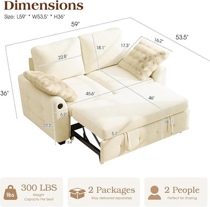 Ihanherry 59-inch Convertible Sofa Bed, Pull Out Sleeper with USB Port & Wide Armrests, 2-in-1 Chenille Fabric Loveseat with 2 Pillows, Space-Saving for Small Apartment, Living Room, Bedroom（Beige）