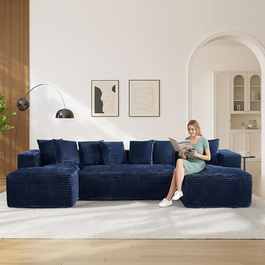 131" Oversized U Shaped Cloud Sectional Couches for Living Room, Comfy Fluffy Corduroy Blue Boneless Sectionals Couch, Plush Memory Foam Modular Sectional Sofa with Chaise- 19" Seat Height