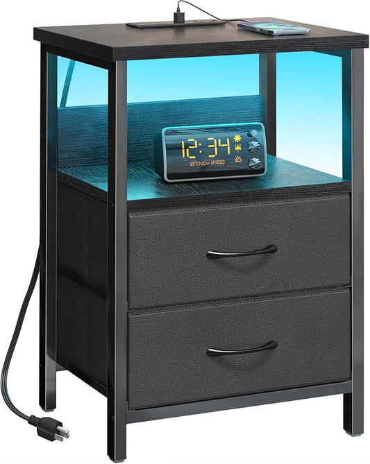 Fixwal Night Stand with Charging Station (2 AC Outlets & 2 U-S-B Ports) LED Nightstand Small Dorm Room Furniture, 2 Fabric Storage Drawers, Bedside Table End Tables Bedroom, Modern Black