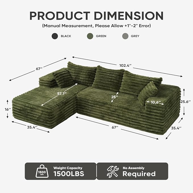 2" Corduroy Boneless Couches for Living Room, L Shape Sofa with Chaise | 102.4" Modular Sectional Sofa, Cloud Couch Sectional with Deep Seat, No Assembly, Green, Left Chaise