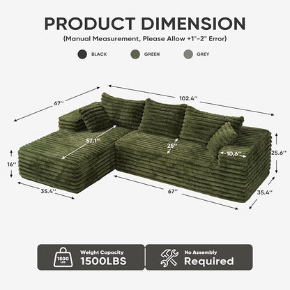 2" Corduroy Boneless Couches for Living Room, L Shape Sofa with Chaise | 102.4" Modular Sectional Sofa, Cloud Couch Sectional with Deep Seat, No Assembly, Green, Left Chaise