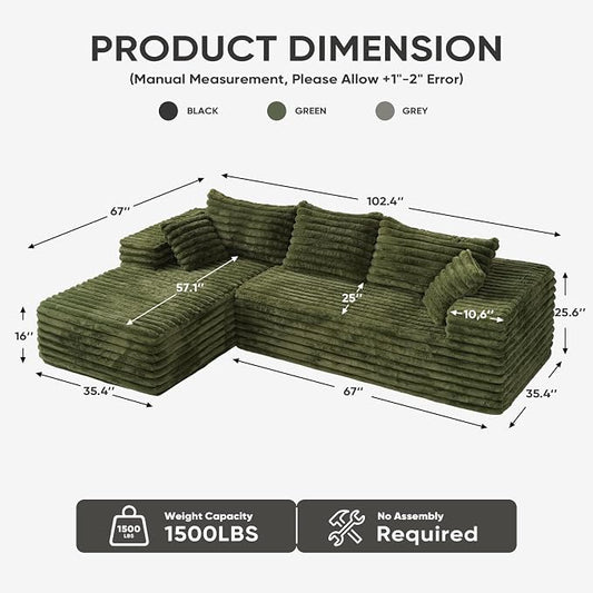 2" Corduroy Boneless Couches for Living Room, L Shape Sofa with Chaise | 102.4" Modular Sectional Sofa, Cloud Couch Sectional with Deep Seat, No Assembly, Green, Left Chaise