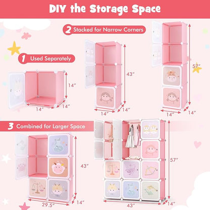 HONEY JOY Kids Wardrobe Closet, Baby Cartoon Clothes Storage Organizer, 12 Cubes & 2 Hanging Sections, Portable Children DIY Modular Bedroom Armoire Dresser Cabinet for Boys Girls (Light Pink)