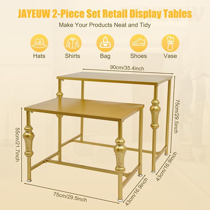 Retail Display Tables Gold Boutique Nesting Tables | 2 Piece Set, Vintage Display Table, Clothing Shoes Display Shelf, For Retail Stores, Carbon Steel
