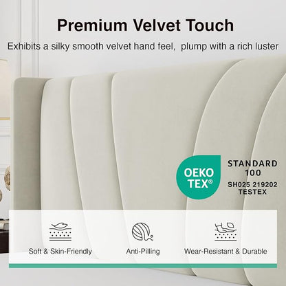 Novilla Full Size Bed Frame, Full Bed Frame with Headboard, Velvet Upholstered Wing Side Headboard, No Box Spring Needed, Heavy Duty Feet, Easy Assembly, White Velvet