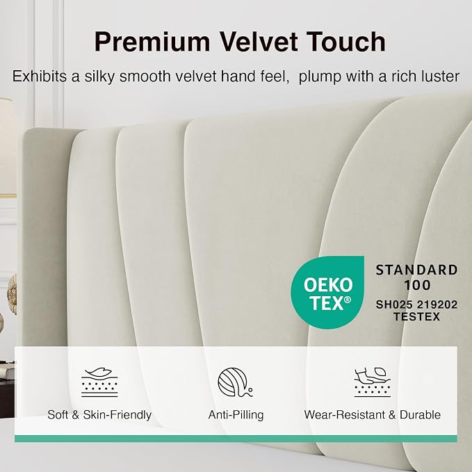 Novilla Bed Frame Queen Size, Queen Bed Frame with Headboard, Velvet Upholstered Wing Side Headboard, No Box Spring Needed, Heavy Duty Feet, Easy Assembly, White Velvet