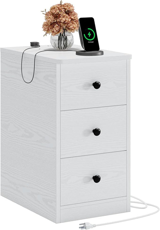 LIKIMIO Nightstand with Charging Station, Narrow Bedside Table with 3 Drawers, End Table with USB Ports and Outlets, Side Table for Living Room/Bedroom Modern