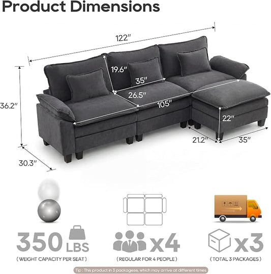 URRED Oversized Modular Sectional Sofa, 122" L Shaped Modern Comfy Cloud Couch with Movable Ottoman & Pillows, Deep Seat Couches for Living Room, Bedroom or Apartment (Velvet Grey, 122" L Shaped)