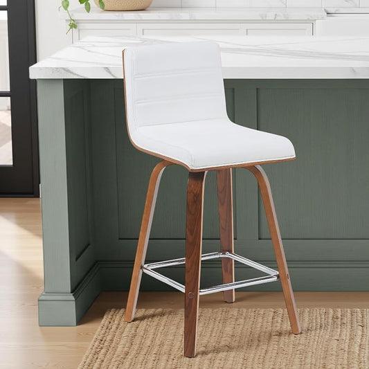 Armen Living Vienna Modern Swivel 26" Counter Height Barstool with White Faux Leather and Walnut Wood Finish