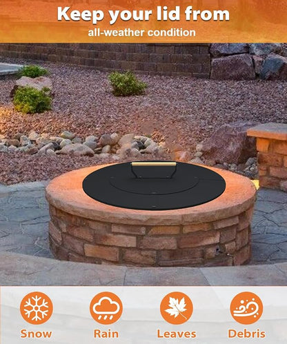 20" Wooden-Handle Fire Pit Lid for Pits up to 18", Round Metal Bonfire Pit Burner Pan Cover, Smokeless Fire Pit Cover for Fire Tables, All-Weather Resistance Outdoor Firepit Accessory
