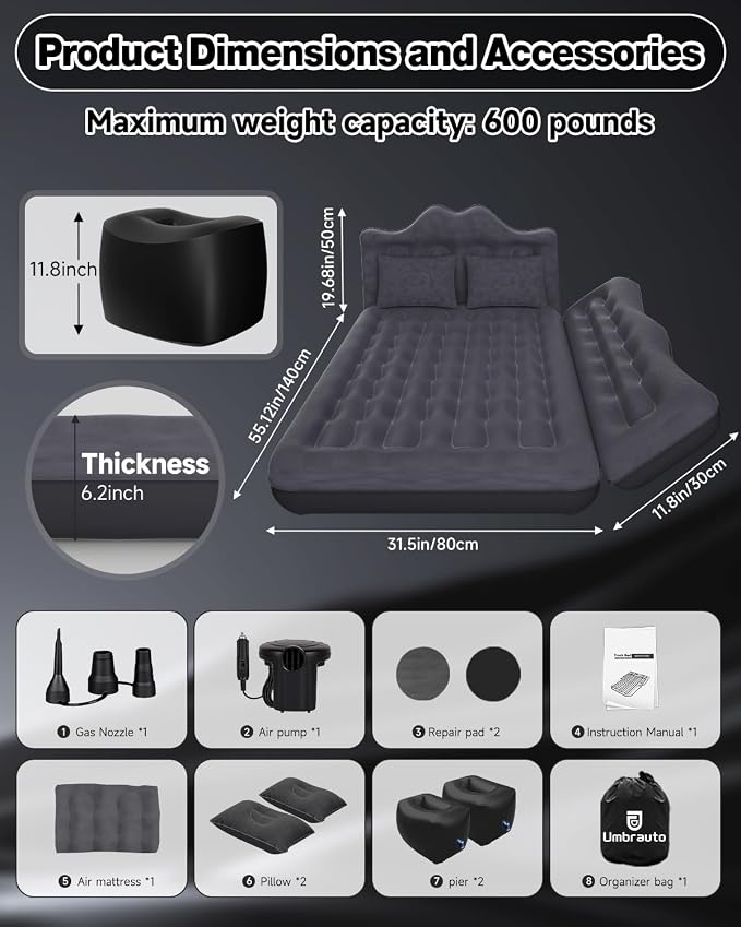 Umbrauto Car Air Mattress Bed: Inflatable SUV Camping Sleeping Pad for Truck Back Seat with Pump & Pillows, Blow Up Backseat Car Mattress for Van Rear Seat