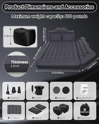 Umbrauto Car Air Mattress Bed: Inflatable SUV Camping Sleeping Pad for Truck Back Seat with Pump & Pillows, Blow Up Backseat Car Mattress for Van Rear Seat