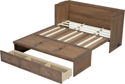 Bellemave Queen Size Murphy Bed with Charging Station and Storage, Farmhouse Murphy Bed with Foldable Panel for Guest Bedroom, Living Room, Office, Light Walnut