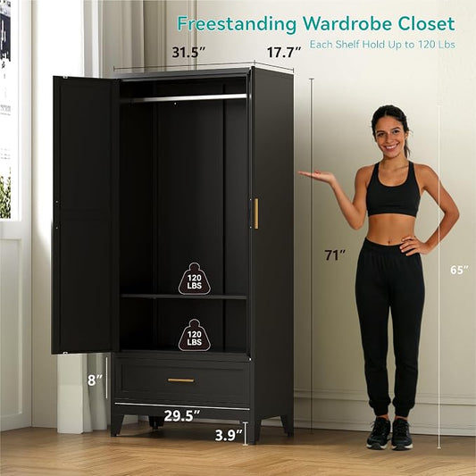 71" Tall Metal Armoire Wardrobe Closet,17.7" Deep By 31.5" Wide Portable Closet for Hanging Clothes,Wardrobe Cabinet with Drawer and Shelve for Bedroom Office Garage,Black 1 Pack