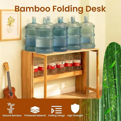 Bamboo Foldable Desk, 41" Folding Bamboo Desk for Small Spaces, Mid Century Small Computer Desks with Bookshelf, Wooden Desks for Home Bedroom Study Office, Primary Color