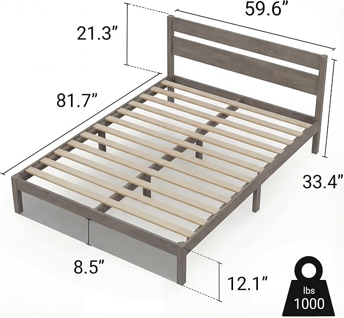 LIFEMENT Queen Bed Frame with Headboard Classic Wood Platform, Noise Free, Under Bed Storage, No Box Spring Needed, Easy Assembly, Gray