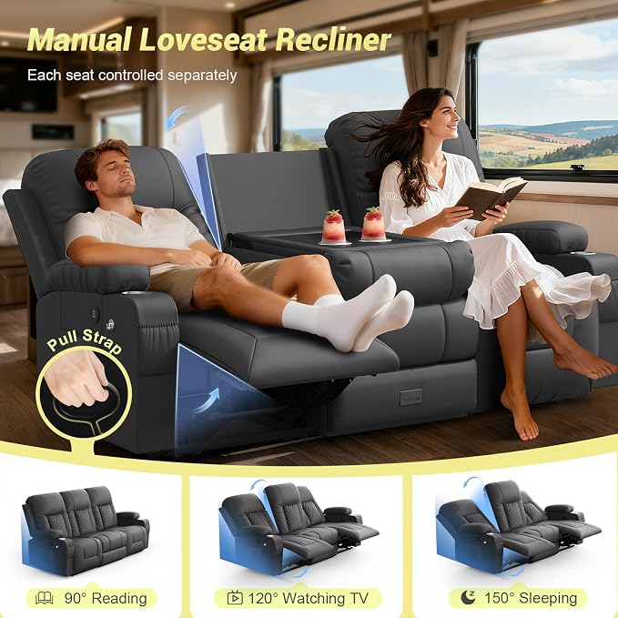 RV Loveseat Recliner Sofa, 3 Seater Reclining Sofa with Flip Back Console, Modern Reclining Couch with USB Ports, Cup Holders, Insert Pockets, RV Recliners for Travel Trailers & Living Room