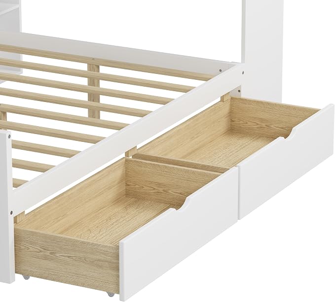 Bellemave Twin Size Corner Bed Frame, Twin Size Corner Beds with Storage Cabinets and Desk, Wood Daybed with Bookcase and Drawers, White