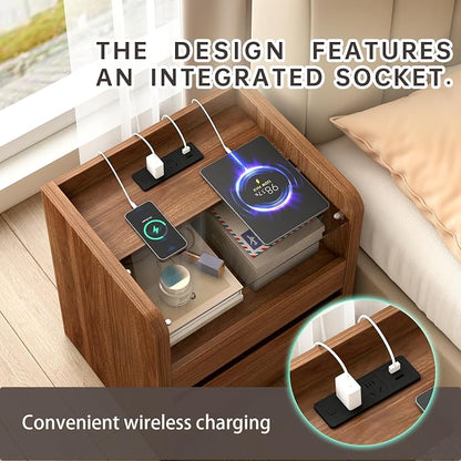 Walnut Nightstand Set of 2 with Charging Station, 20 Inch Wide Night Stand with Drawers, Modern Bedroom Bedside End Table with Round Corners & Reinforced Panel for Dorm, Sofa, Office, Living Room