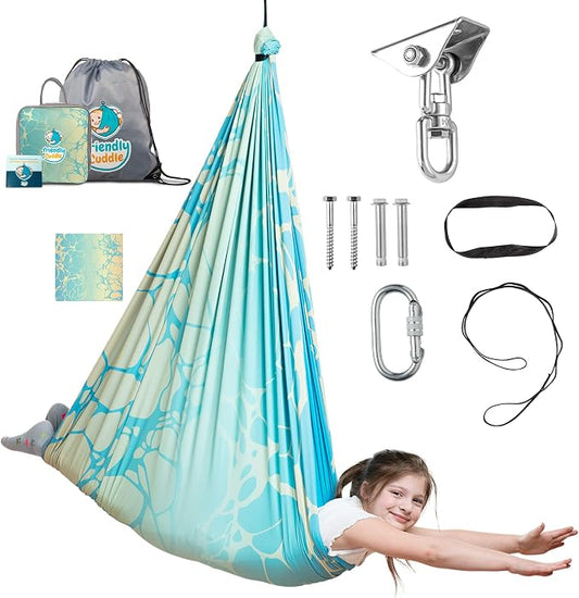 Indoor Sensory Swing for Kids or Outdoor – Holds 300lbs, Double-Layer, & 360° Swivel, Calming Compression Therapy Swing Hammock for Kids & Adults with All Hardware – Sensory-Motor Toys & Gifts