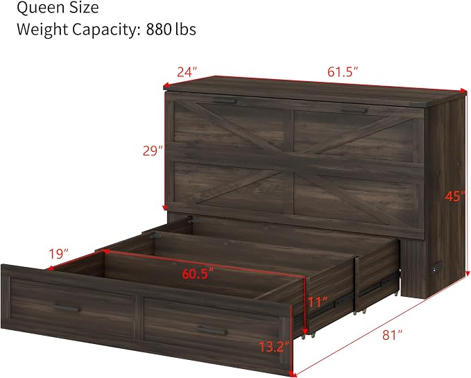 Bellemave Queen Murphy Bed with Charging Station and Storage, Farmhouse Murphy bedframe with Foldable Panel, Noisy Free, for Guest Bedroom, Living Room, Office, Rustic Gray