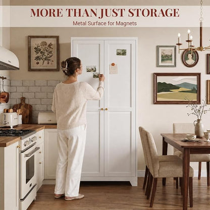 75" Metal Kitchen Pantry Cabinet with Dual Handles & Adjustable Legs, Freestanding Storage Cabinet with Doors and 5 Adjustable Shelves, Tall Food Pantry for Kitchen Dining Room, White