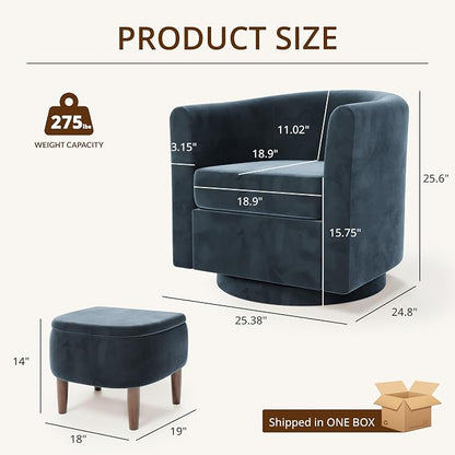 Swivel Accent Chair with Storage Ottoman Set of 2, Small Modern Velvet Barrel Chair, Upholstered Armchair with Footrest for Living Room/Reading/Bedroom, 24.8'' D x 25.38'' W x 25.6'' H, Blue