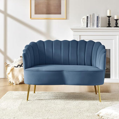 Velvet Upholstered Loveseat Sofa with Gold Metal Legs, Modern Comfy Small Love Seat with Flower Shaped Back, 2-Seater Sofa Accent Couch for Living Bedroom Leisure Areas, Slate Blue