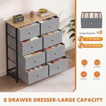 Sweetcrispy 8 Drawer Dresser for Bedroom, Organizer Storage Drawers, Blue | Fabric Storage Tower, Chest of Drawers with Steel Frame, Wood Top for Living Room, Closet