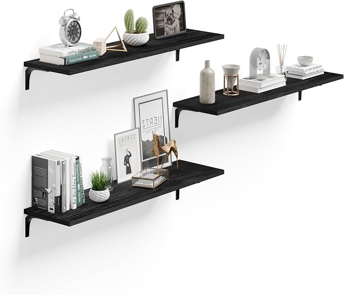 Deep Floating Shelves, 12 Inch Extra Wide Solid Wood Wall Shelves, Heavy Duty Wall Mounted Bookshelf for Living Room, Kitchen and Bedroom, Set of 3 (36 Inch, Black)