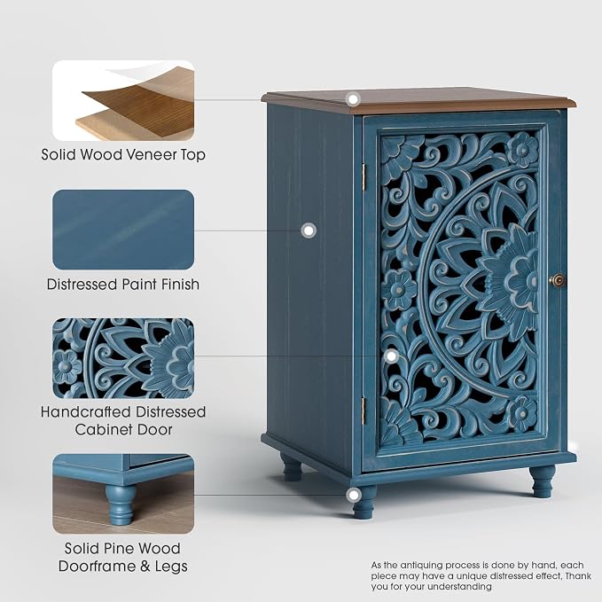 JOINICE Small Accent Cabinet with Hand-Carved Door for Living Room/Bedroom | Hand-Carved Floral Design, Farmhouse/Rustic Style, Space-Saving, Sofa Table, Solid Wood Legs, Adjustable Shelf, Easy Assembly