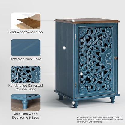 JOINICE Small Accent Cabinet with Hand-Carved Door for Living Room/Bedroom | Hand-Carved Floral Design, Farmhouse/Rustic Style, Space-Saving, Sofa Table, Solid Wood Legs, Adjustable Shelf, Easy Assembly
