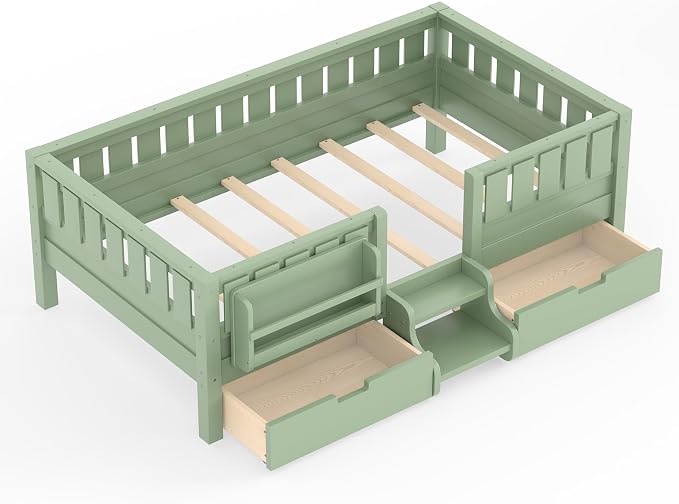Bellemave Twin Bed with Storage Drawers & Bookshelf, Low Profile Kids Bed Frame with Staircase & Full Length Guardrails, Wood Twin Bed for Kids with Slats Load 350LBS, Easy Assembly, Green