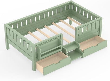Bellemave Twin Bed with Storage Drawers & Bookshelf, Low Profile Kids Bed Frame with Staircase & Full Length Guardrails, Wood Twin Bed for Kids with Slats Load 350LBS, Easy Assembly, Green