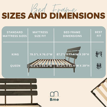Bme Caden King Size Bed Frame and Adjustable Headboard, 15 Inch Mid Century Retro Style - Solid Acacia Wood - No Box Spring Needed - 12 Strong Wood Slat Support - Easy Assembly - Charcoal Mocha