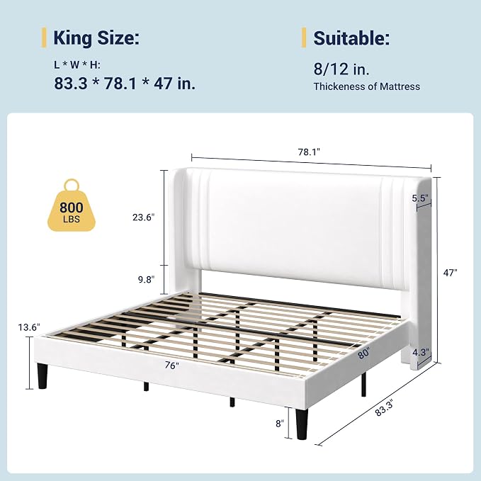 Allewie King Size Velvet Platform Bed Frame with Vertical Tufted Wingback Headboard, Easy Assembly, Under Bed Storage, No Box Spring Required, Modern Style, White