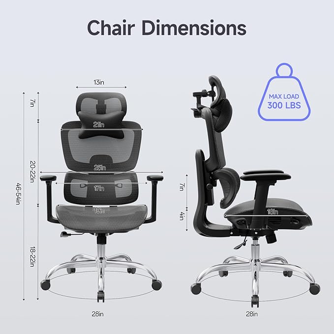 Ergonomic Office Chair with 3D Headrest, Computer Chair with Adjustable Backrest & 3D Armrest, Gaming Chair with Adaptive Lumbar Support, Mesh Backrest & Cushion, Black